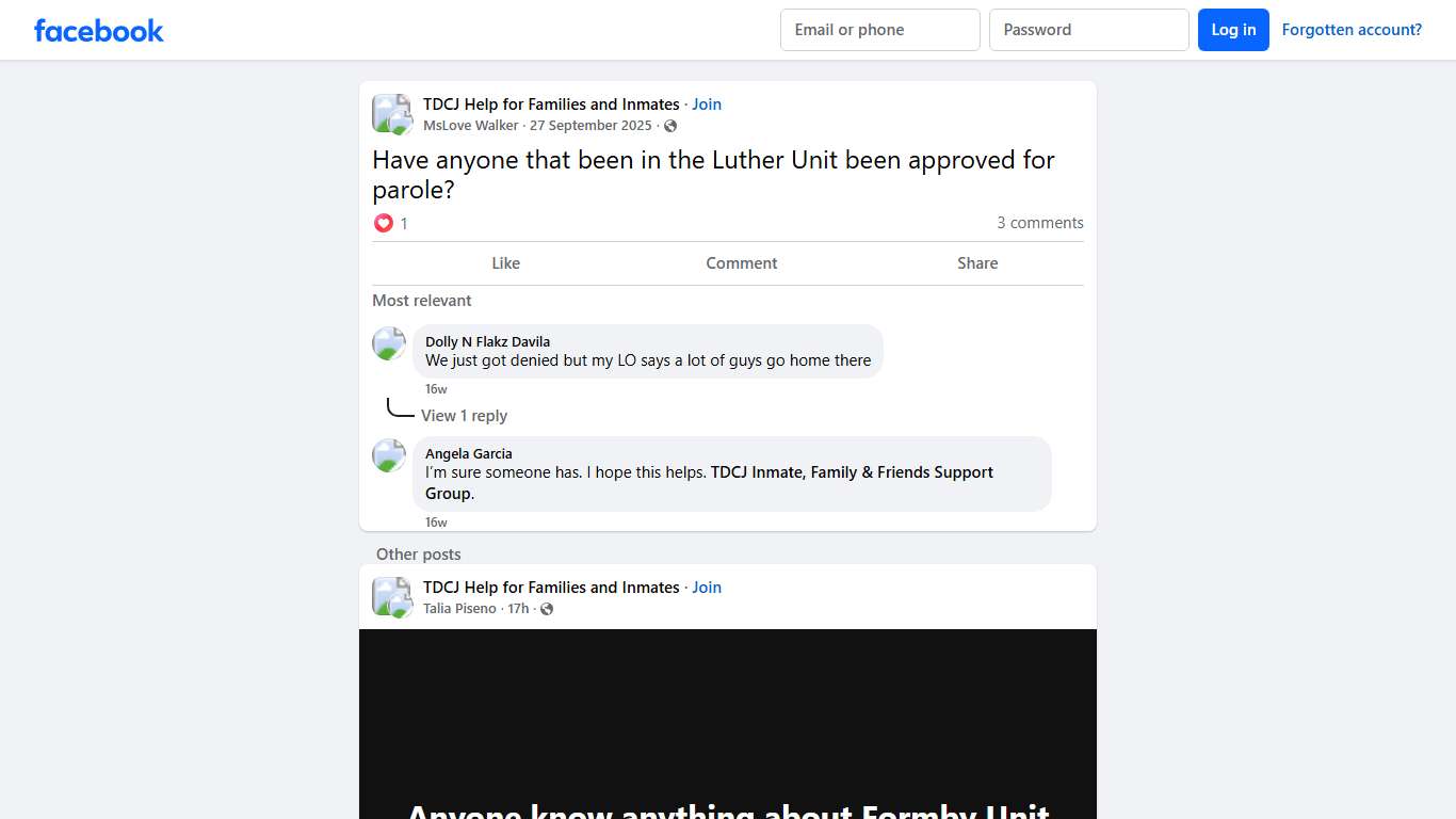 TDCJ Help for Families and Inmates Have anyone that been in the Luther Unit been approved for parole Facebook